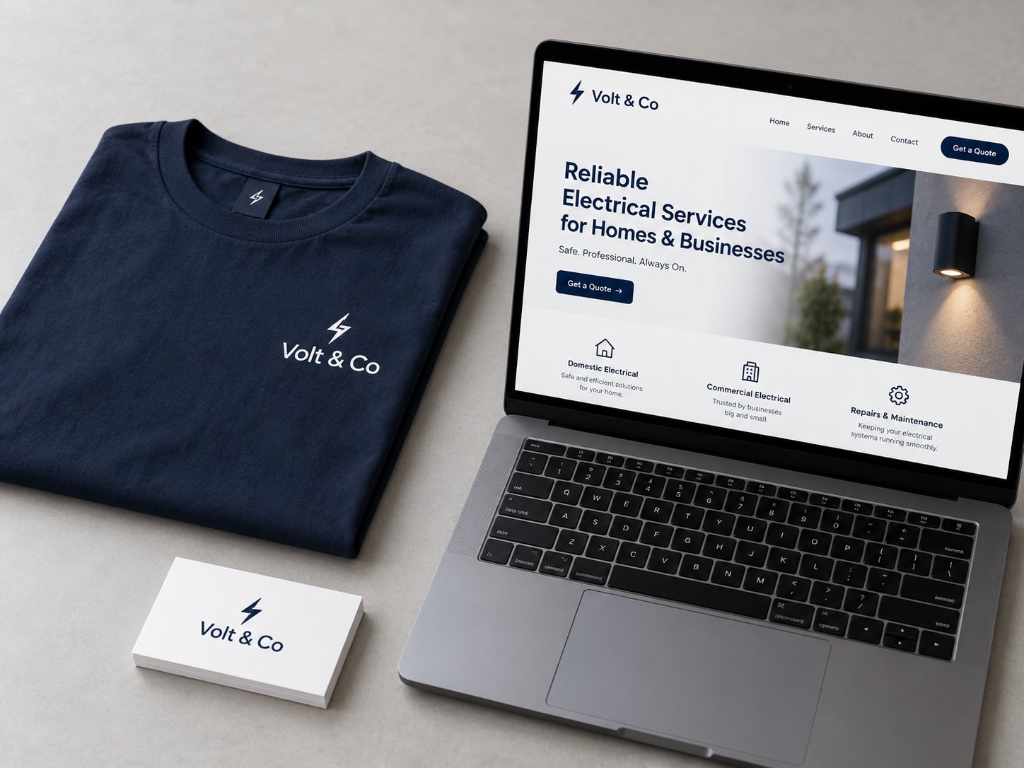Conceptvoorbeeld: huisstijl voor een elektricien op T-shirt, visitekaartje en website