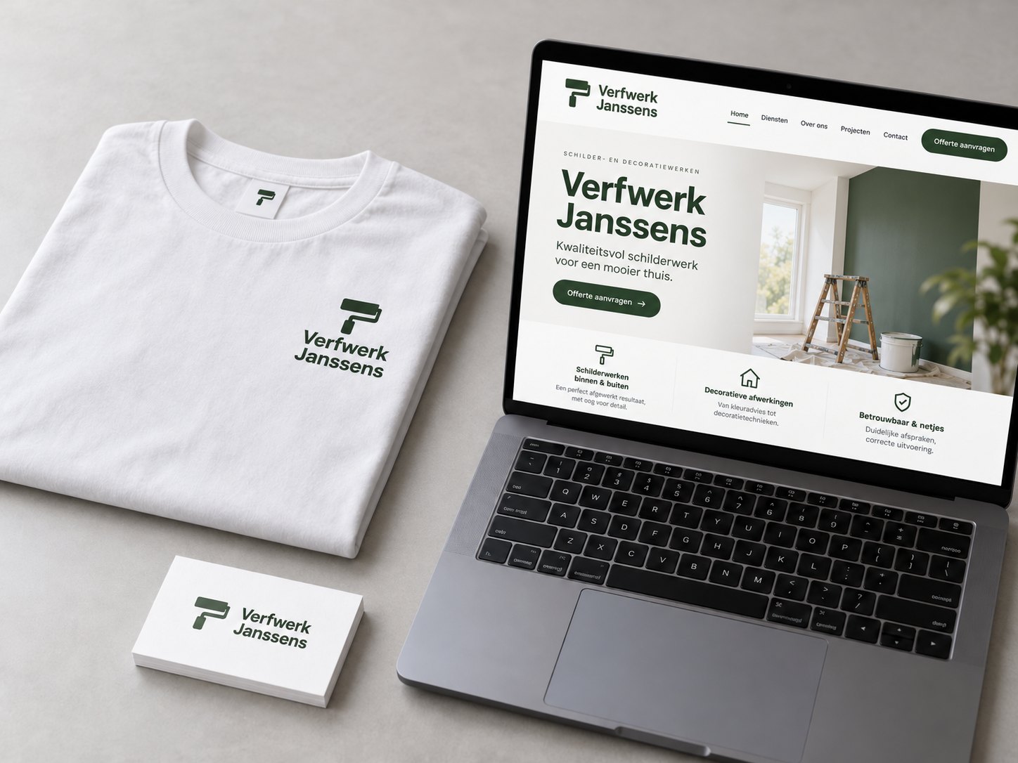 Conceptvoorbeeld: huisstijl voor een schilder op T-shirt, visitekaartje en website