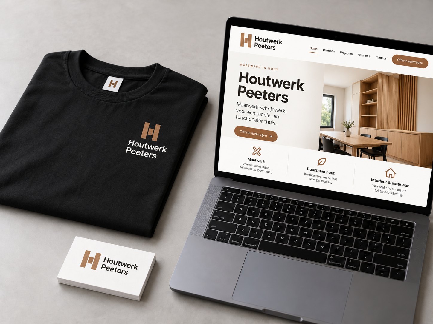 Conceptvoorbeeld: huisstijl voor een schrijnwerker op T-shirt, visitekaartje en website