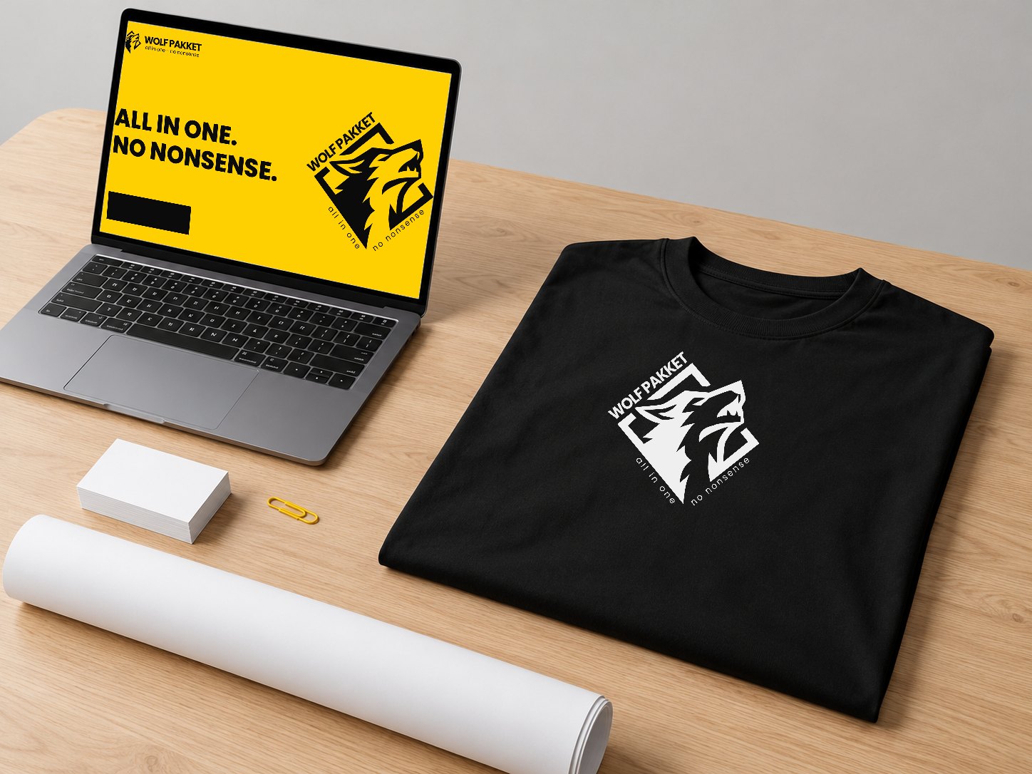 Voorbeeld van een volledig pakket: website, T-shirt, visitekaartjes en banner